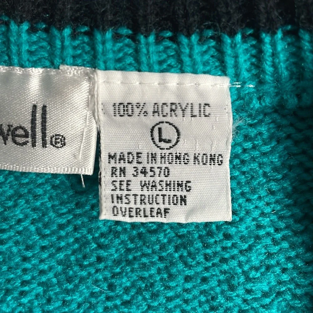Vintage 90s Jason Maxwell Cardigan Teal Black Made in Hong Kong Size Large